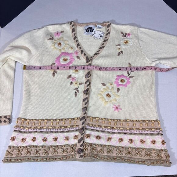 STORYBOOK KNITS Vintage Sweater /Cardigan NEW BEIGE W/Pink Roses BEADING Large - Picture 15 of 16